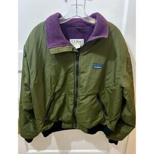 LL Bean Jacket Mens Medium Warm Up Fleece Lined Full Zip Bomber Olive Green